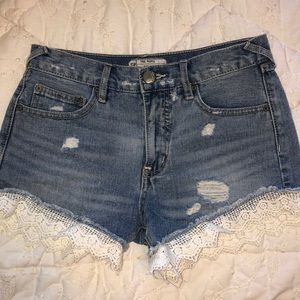 Free People Distressed Denim Shorts with Lace Trim, Size 24
